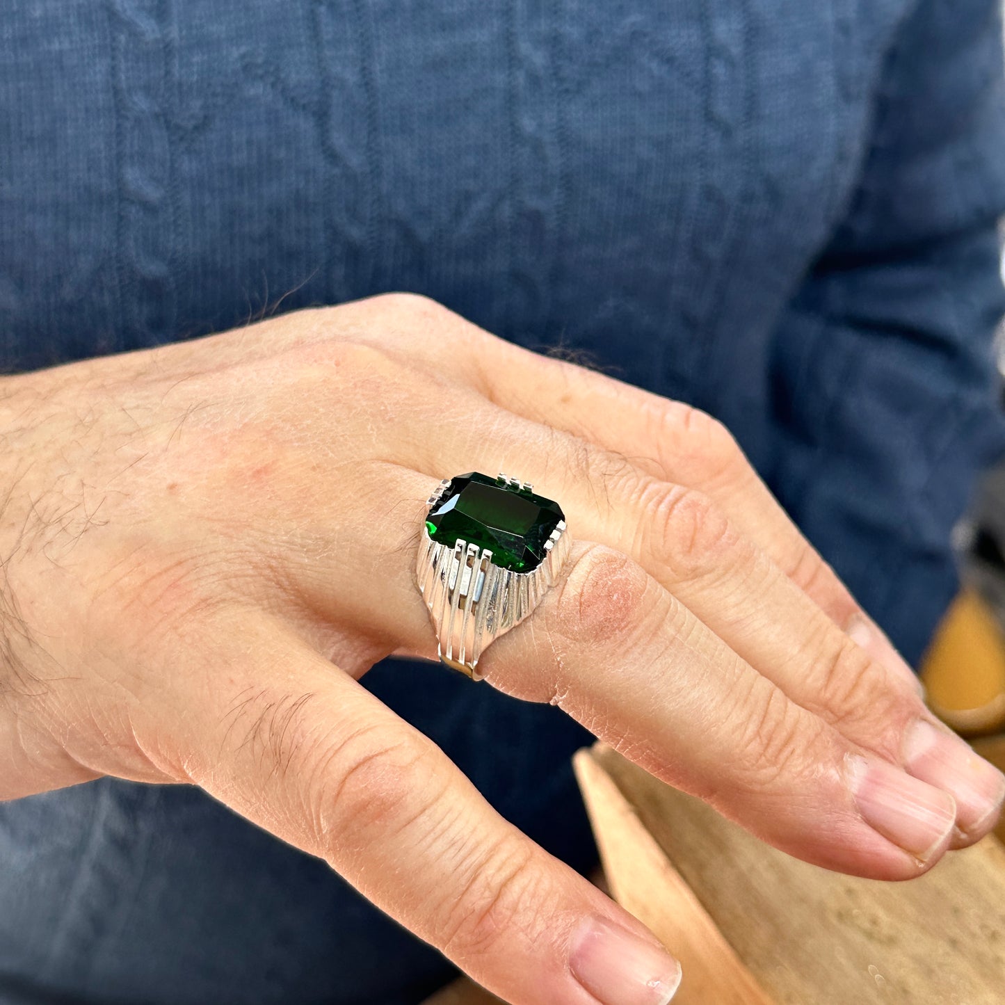 Men Handmade Square Green Emerald Stone Ring