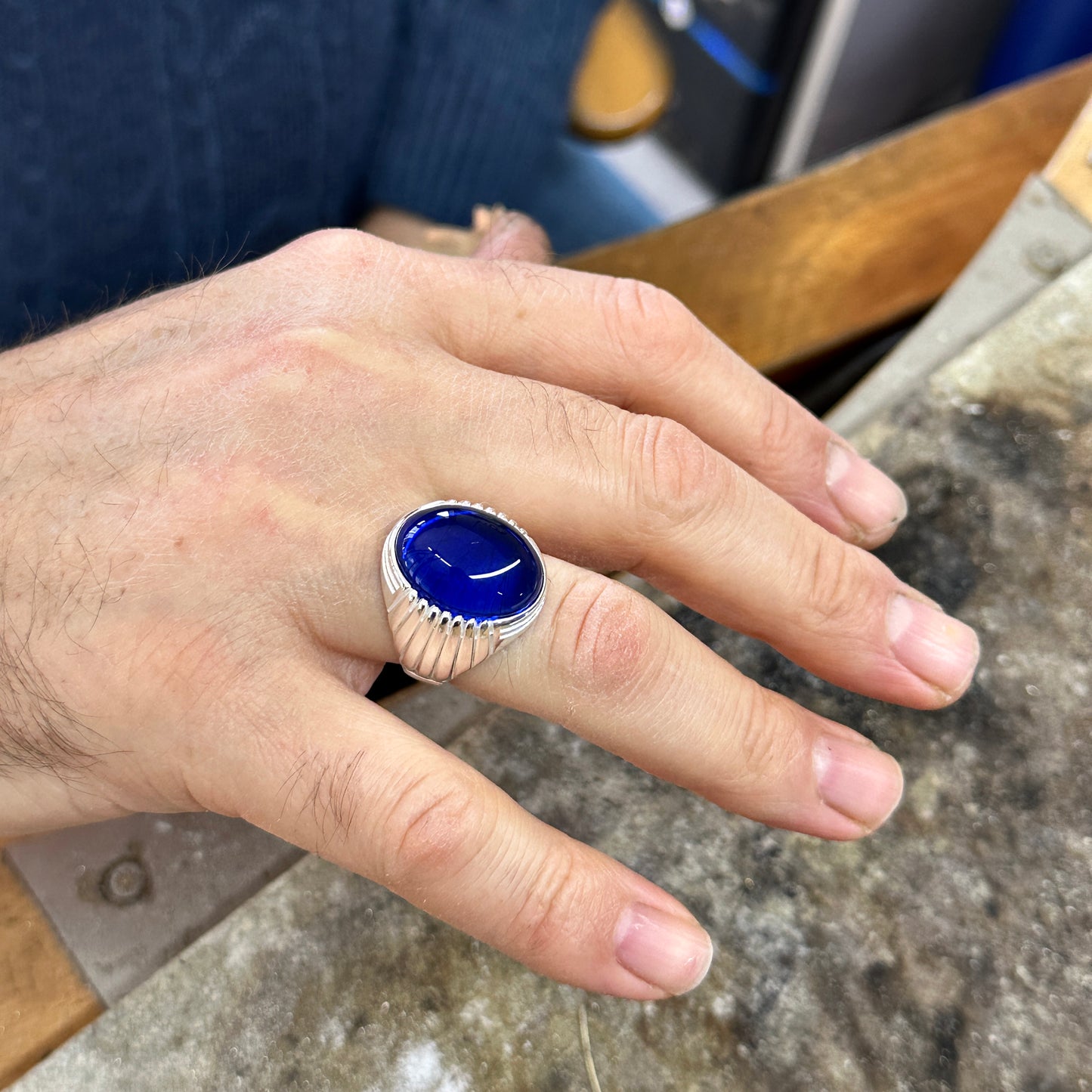 Men Silver Oval Sapphire Gemstone Silver Ring