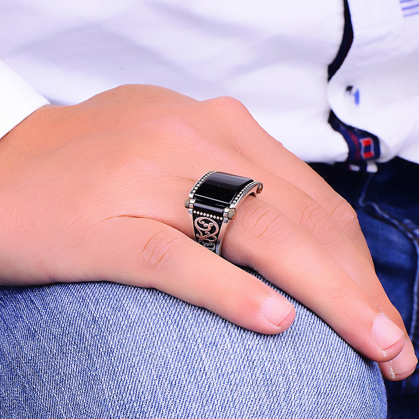 Anillo Hombre Plata Piedra Onix Negro Natural