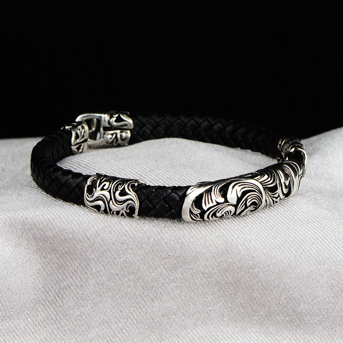 Silver Handmade Black Leather Bracelet