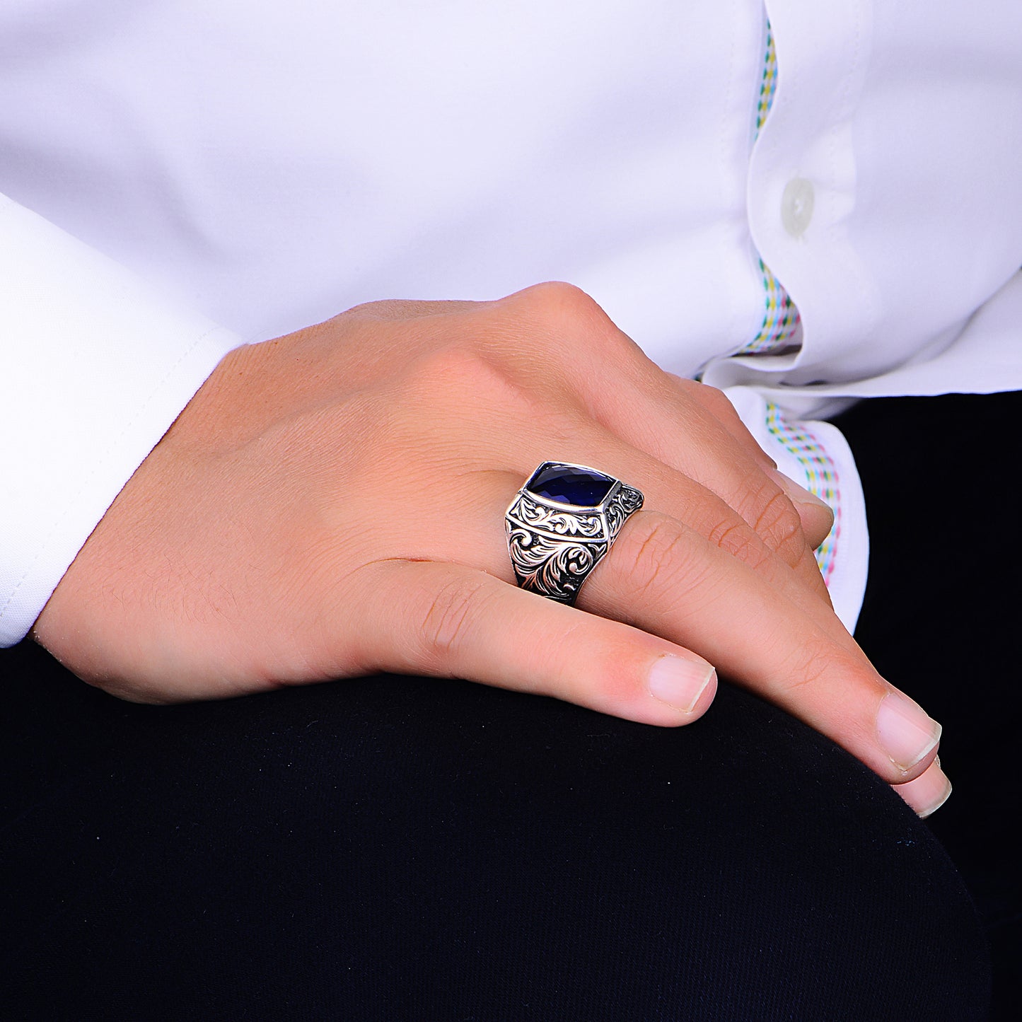 Silver Embroidered Handmade Sapphire Stone Ring