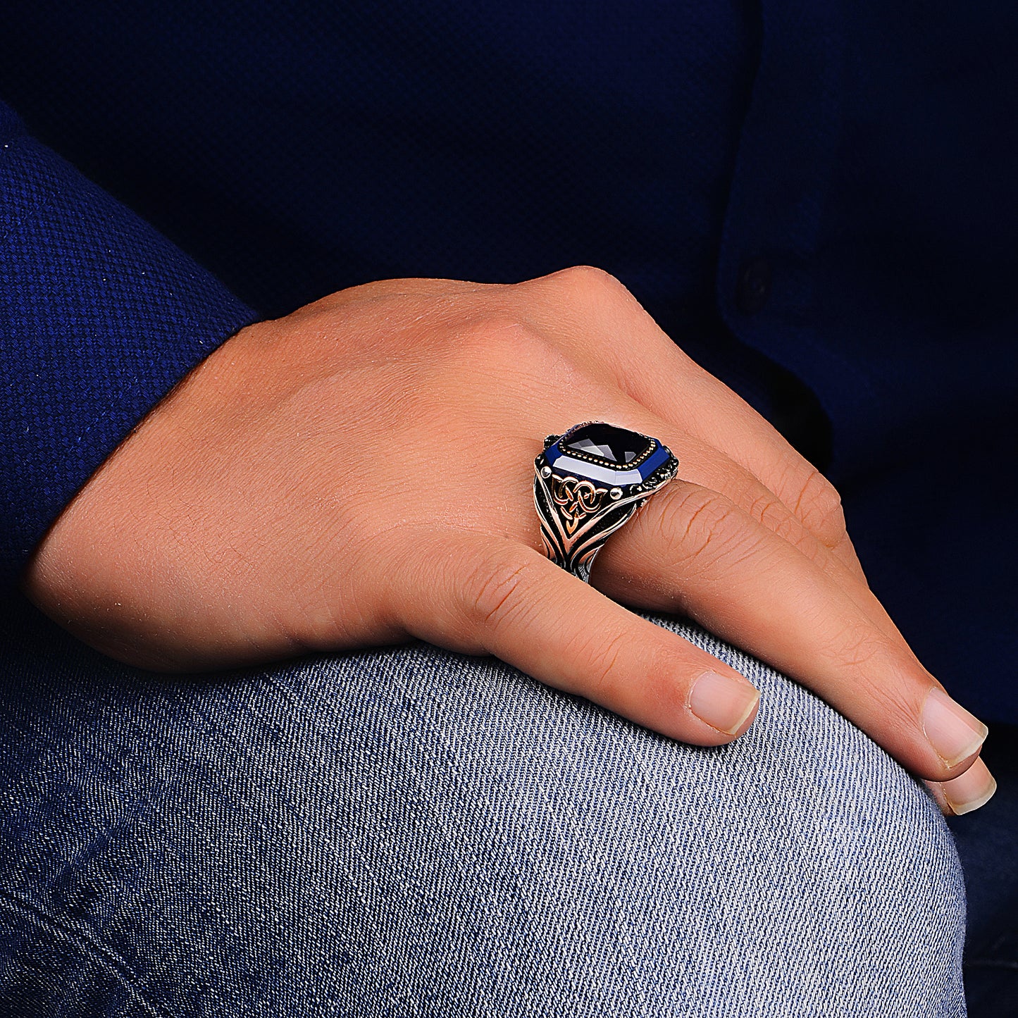 Silver Handmade Square Style Sapphire Stone Ring
