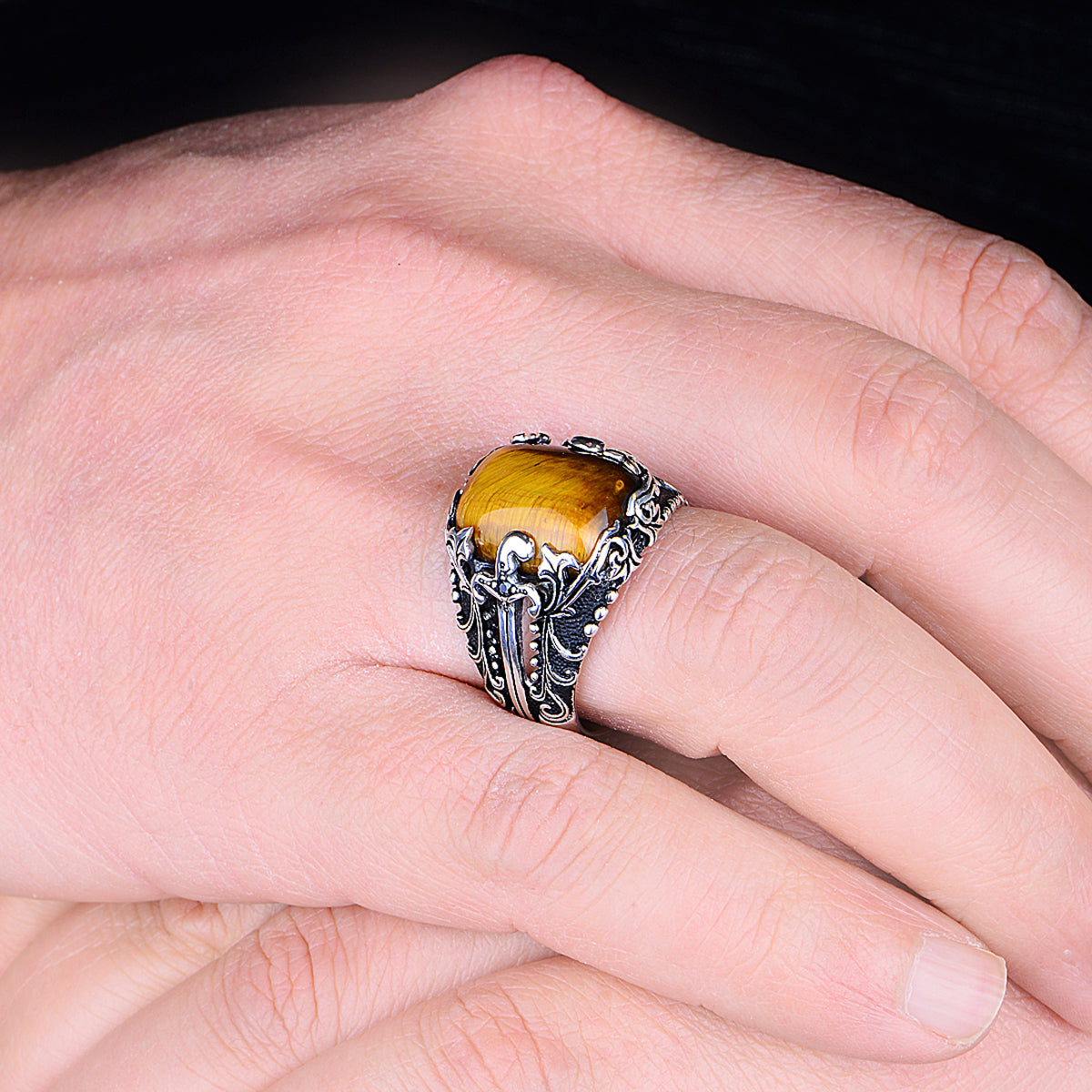 Silver Sword Model Tiger Eye Stone Ring