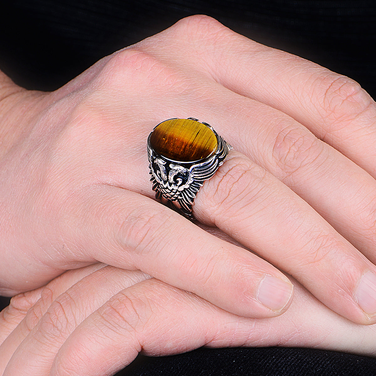 Silver Handmade Eagle Model Tiger Eye Stone Ring
