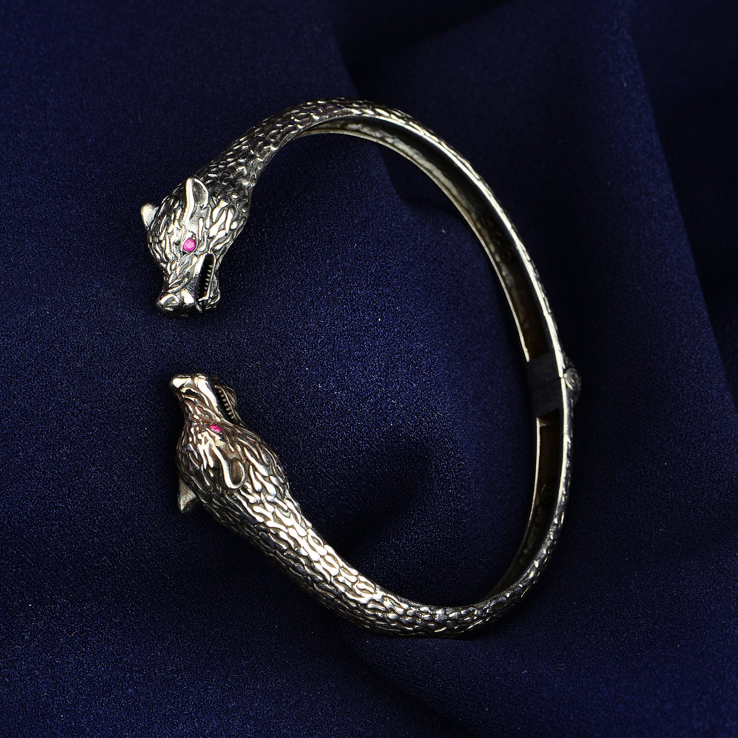 Silver Wolf Head Ruby Stone Bracelet