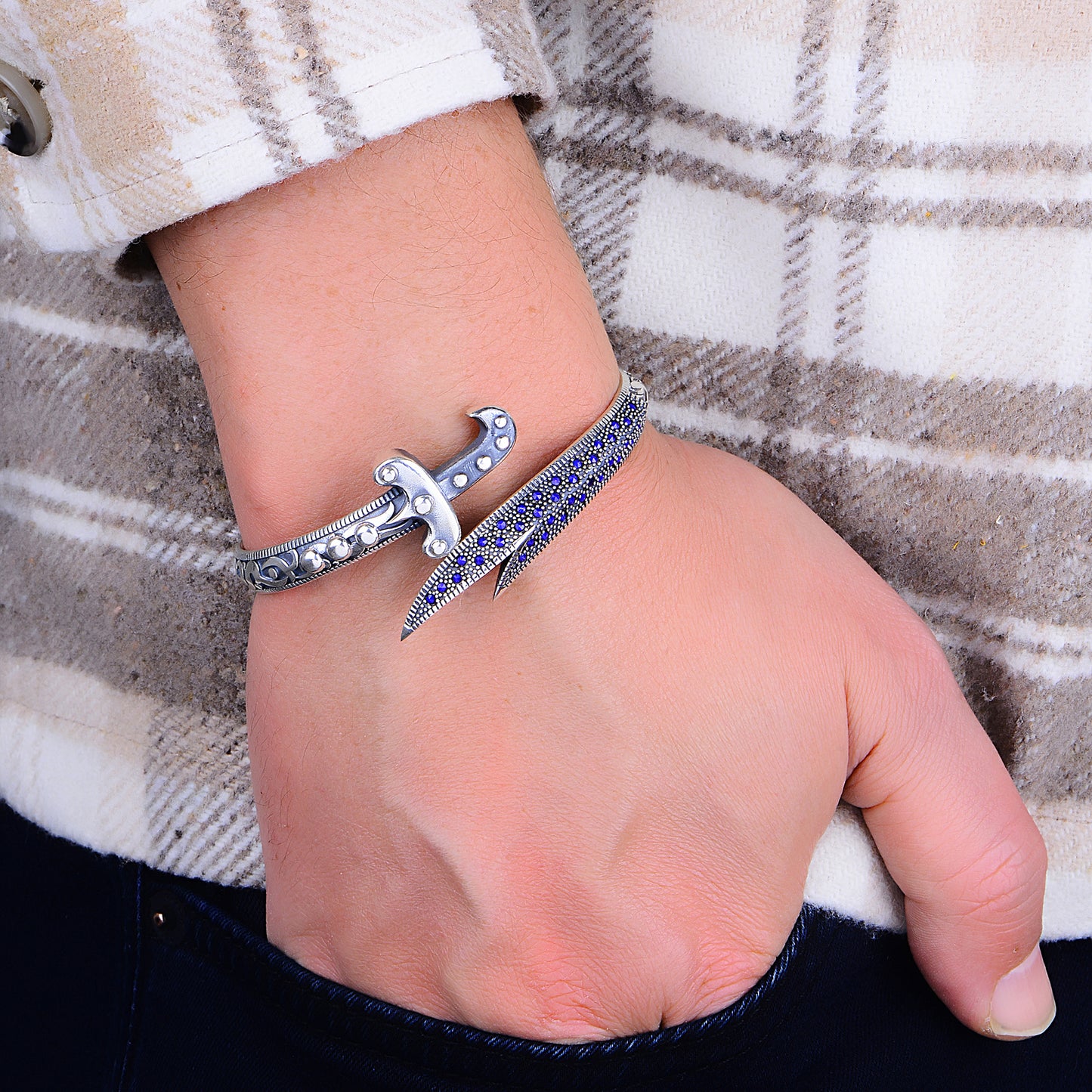 Silver Handmade Sapphire Stone Sword Bracelet