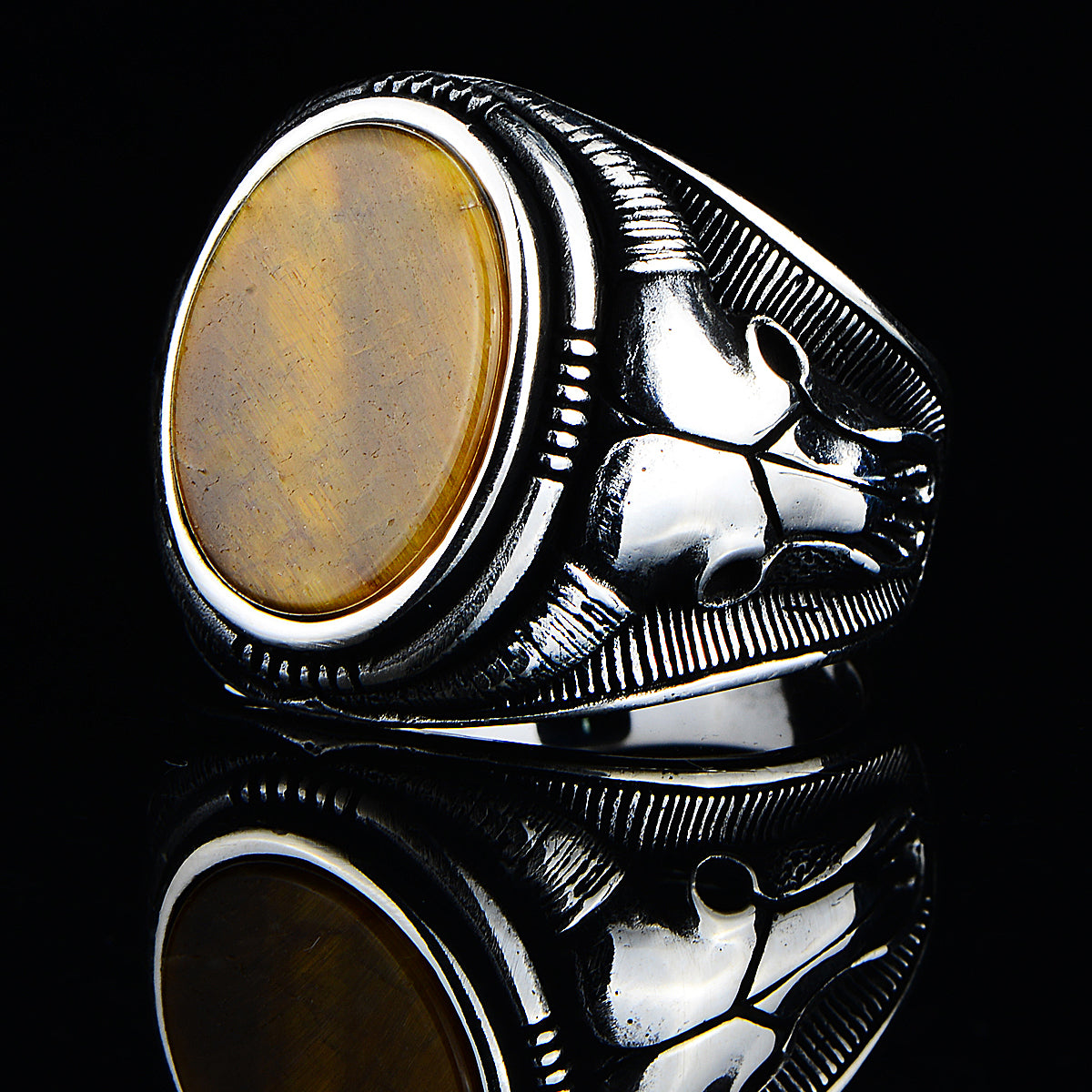 Silver Tiger Eye Stone Bull Model Men Ring