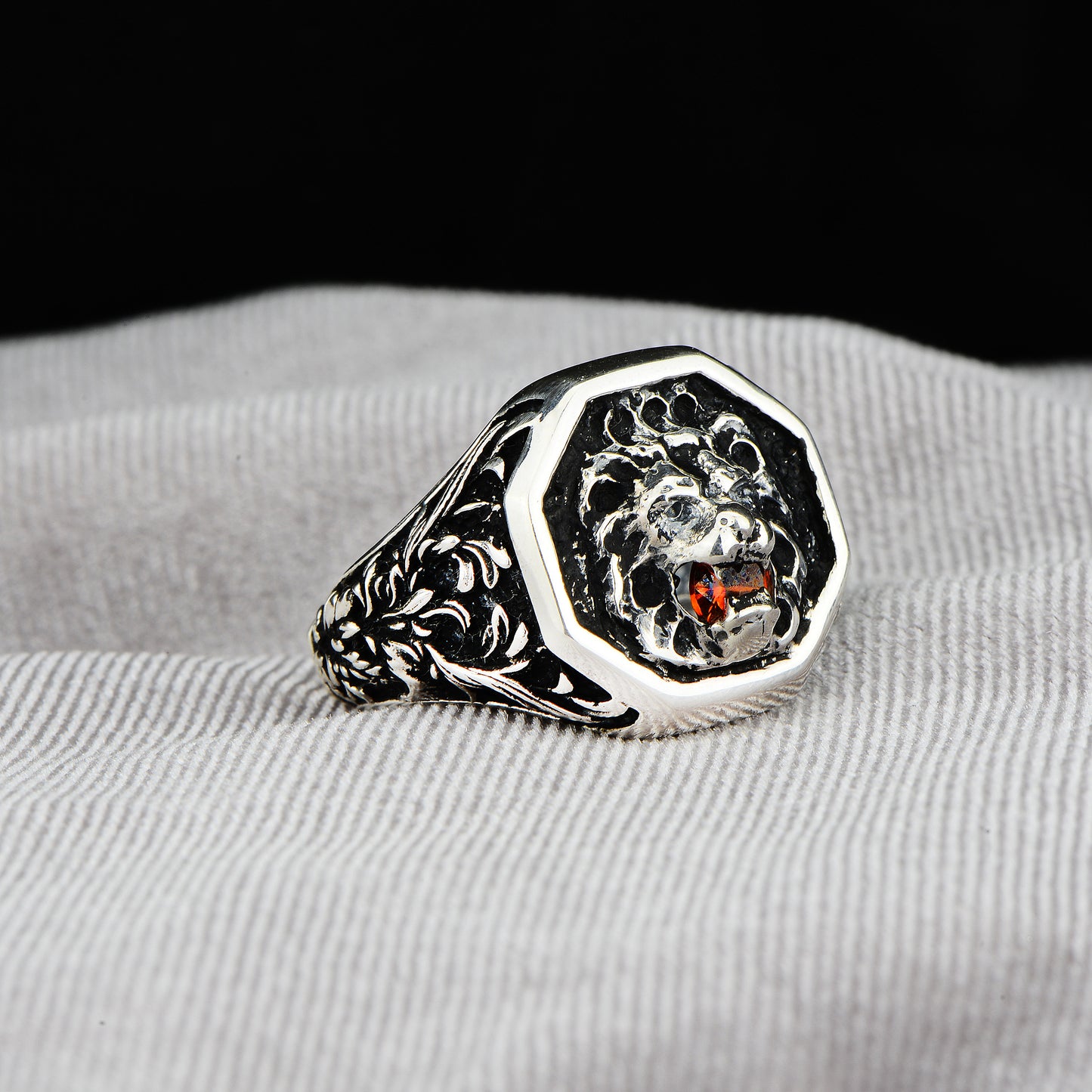 Silver Ruby Stone Wild Lion Signet Ring