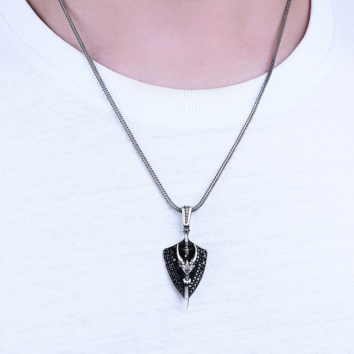 Silver Bull Head Micro Black Stone Necklace