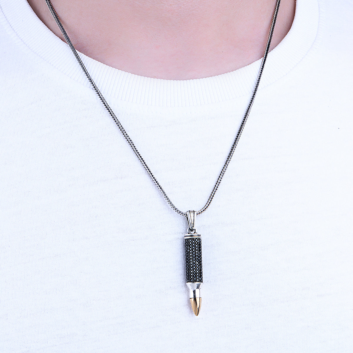 Silver Black Stone Bullet Model Necklace