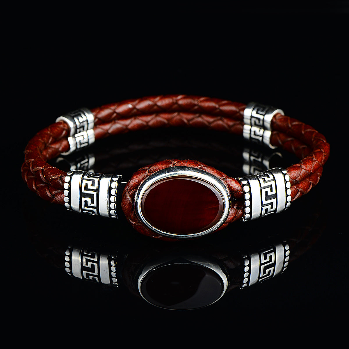 Silver Handmade Agate Stone Leather Bracelet