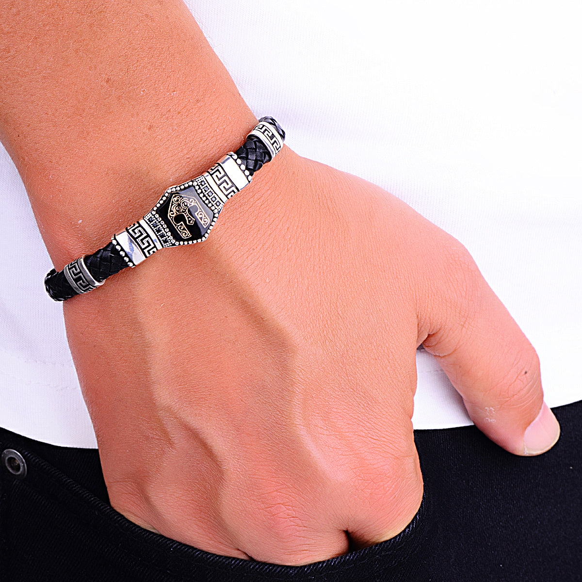 Silver Leather Helmet Model Bracelet