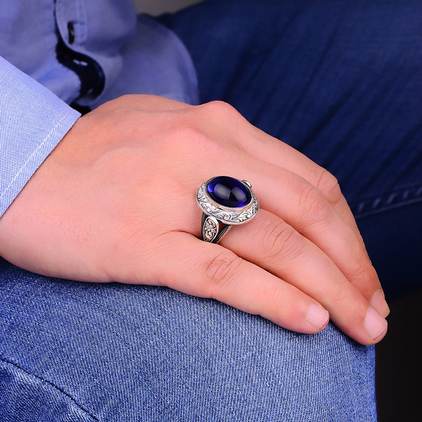 Men Handmade Engraved Sapphire Stone Ring