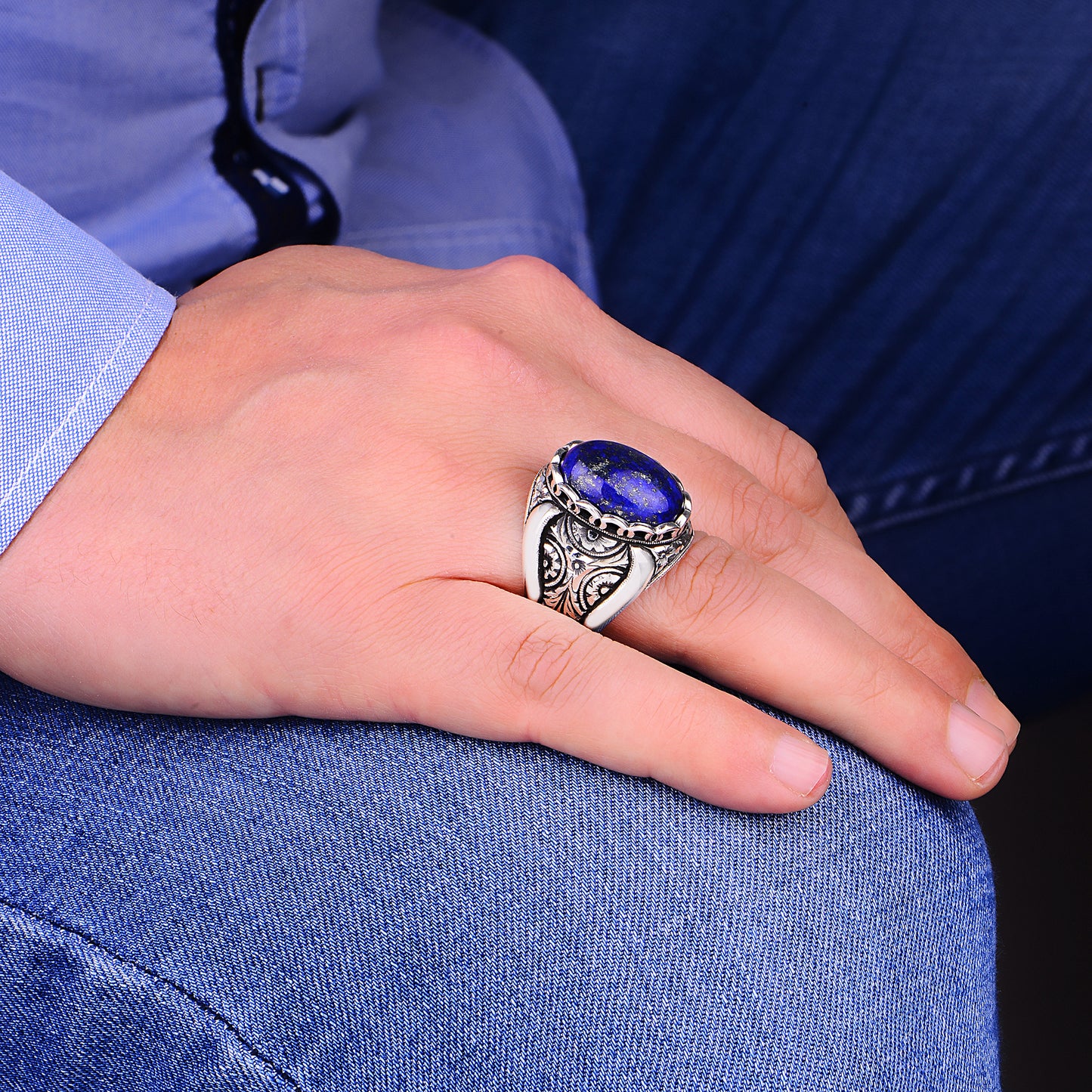 Men Handmade Large Engraved Lapis Ring