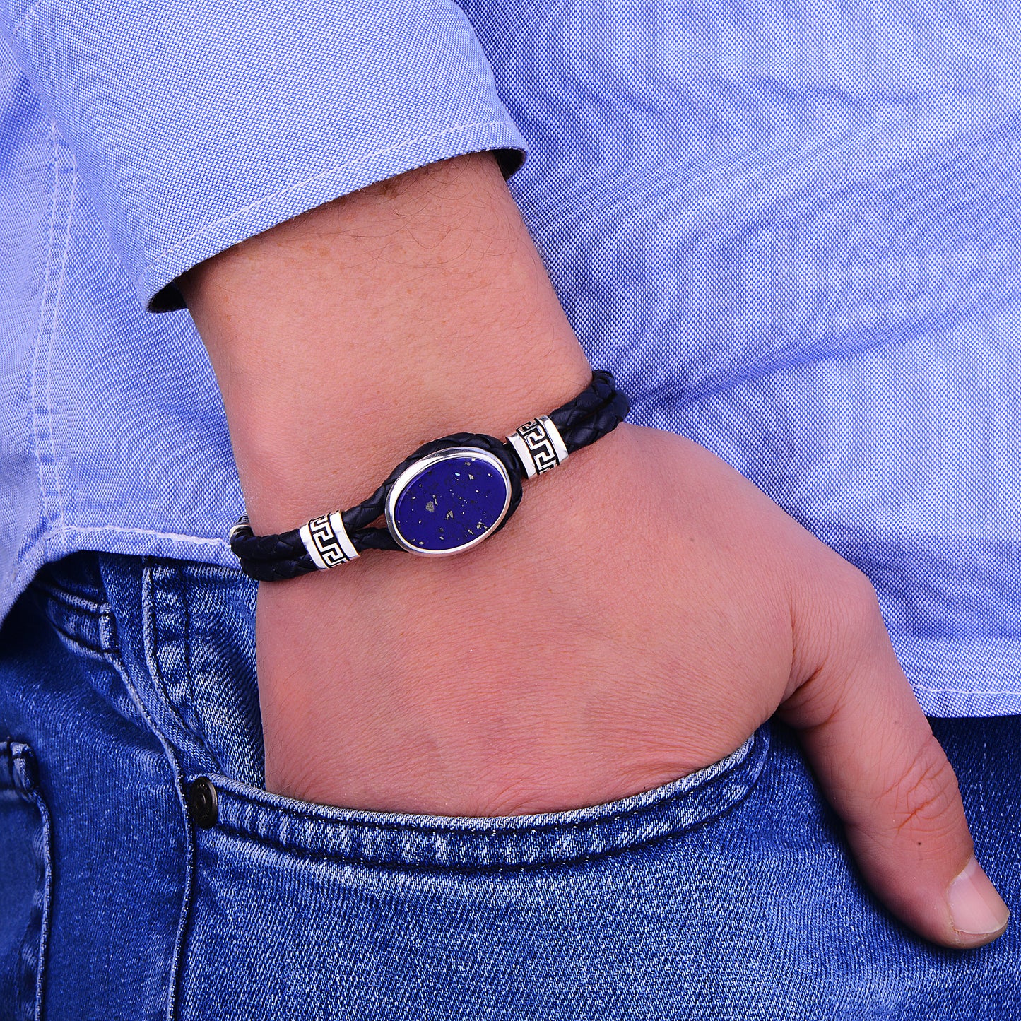 Silver Blue Lapis Lazuli Leather Bracelet