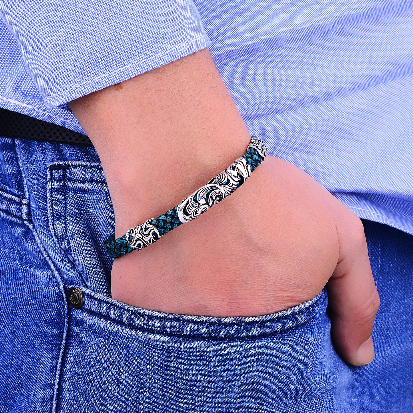 Silver Handmade Engraved Green Leather Bracelet