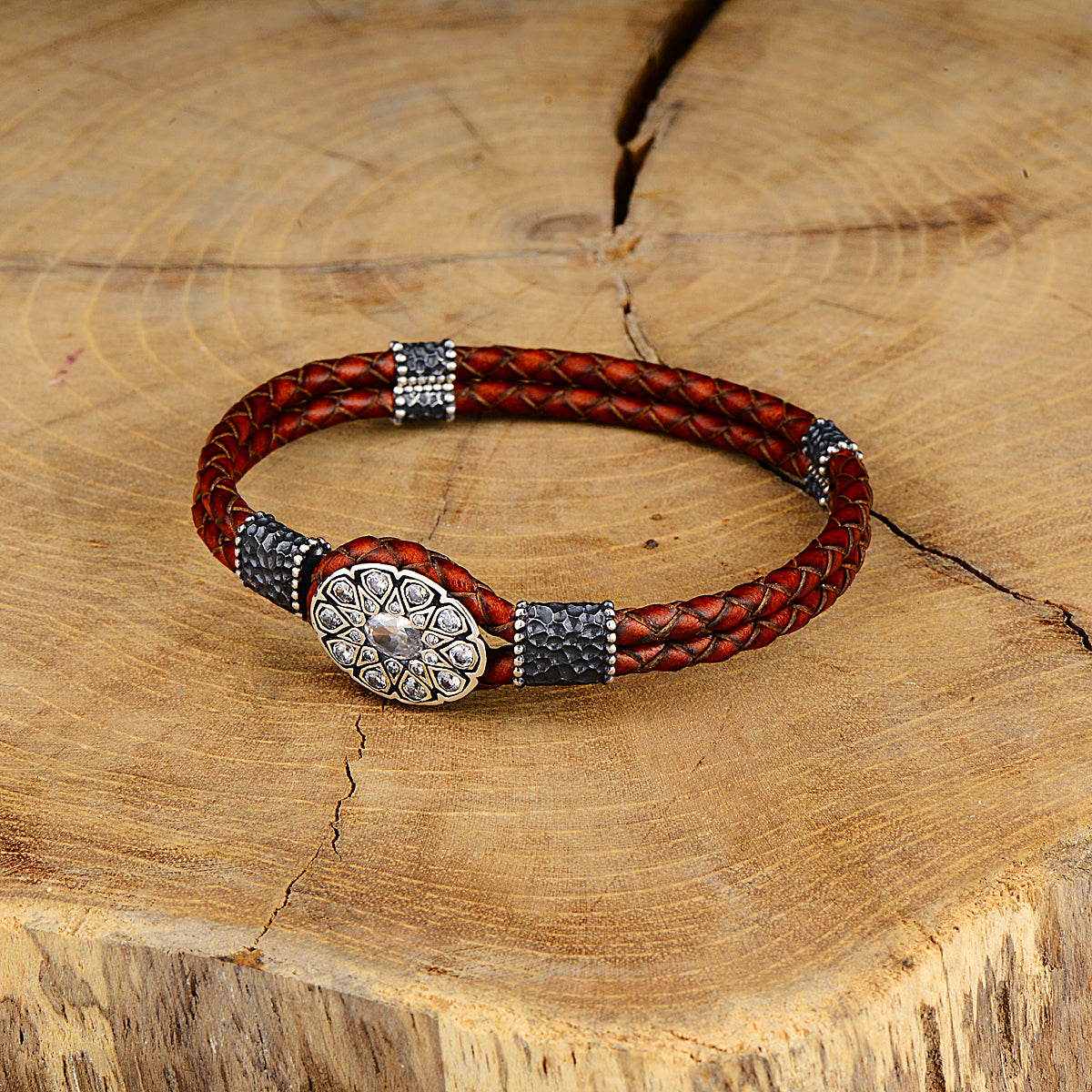 Men Silver Zircon Stone Leather Bracelet