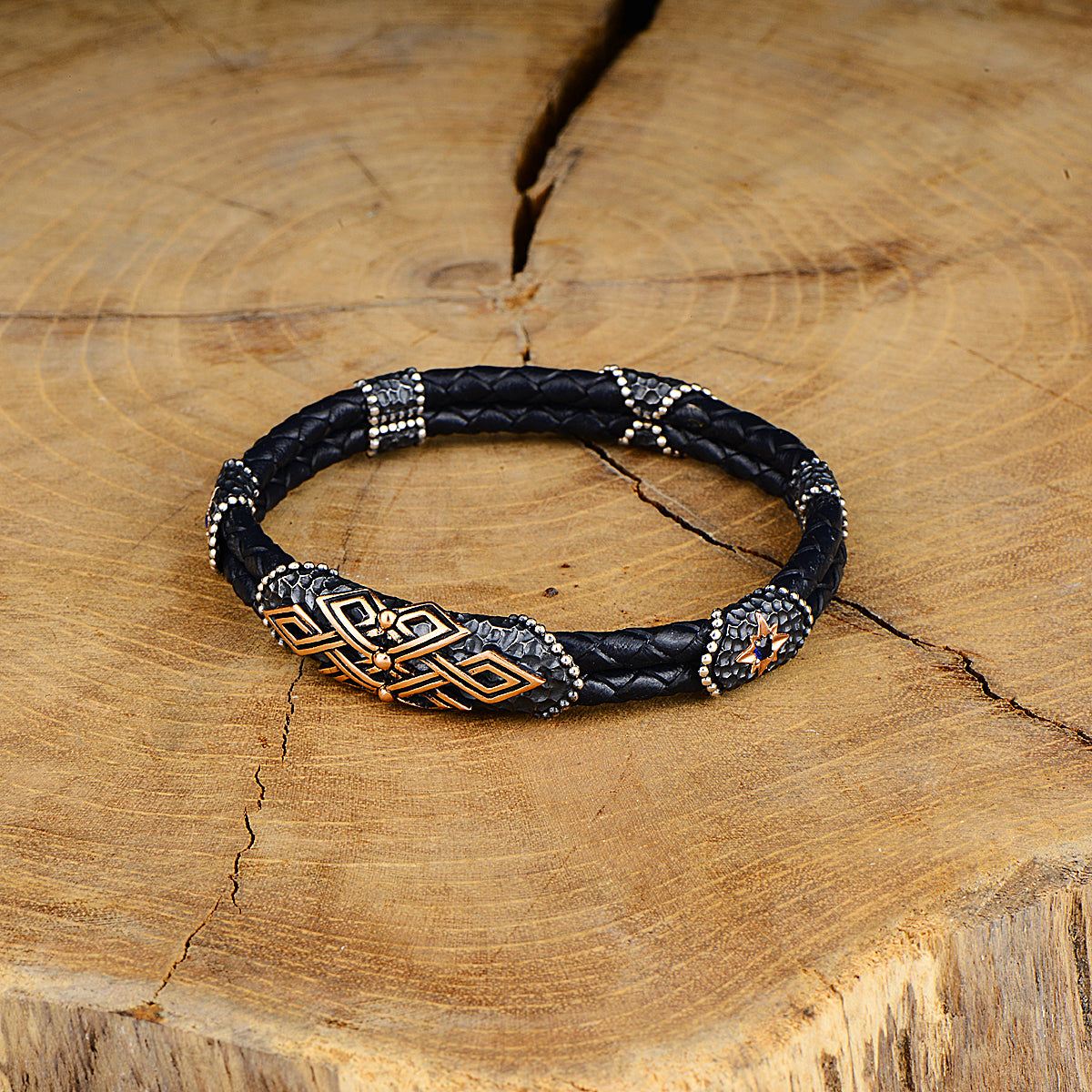 Silver Handmade Black Leather Bracelet
