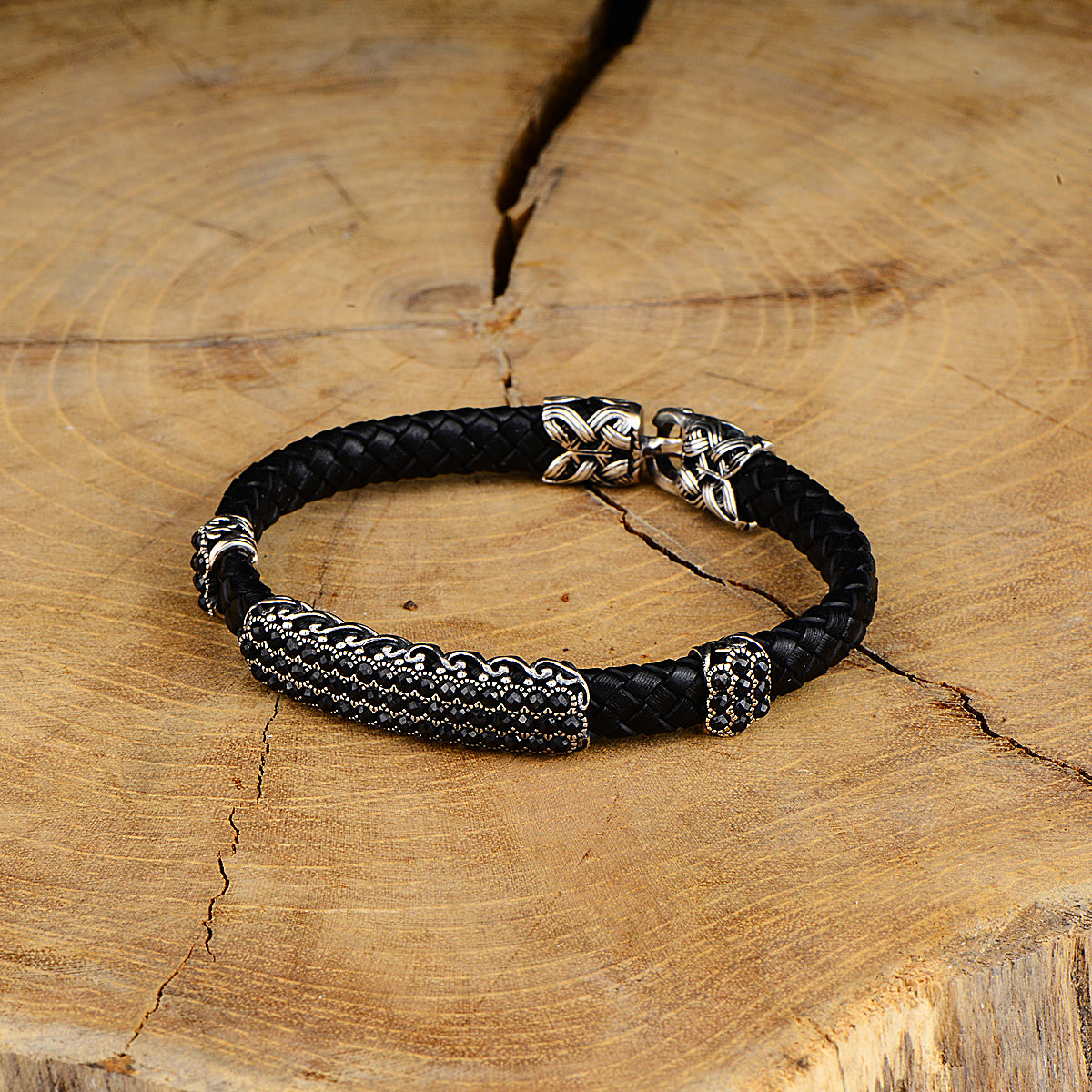 Silver Handmade Black Leather Bracelet