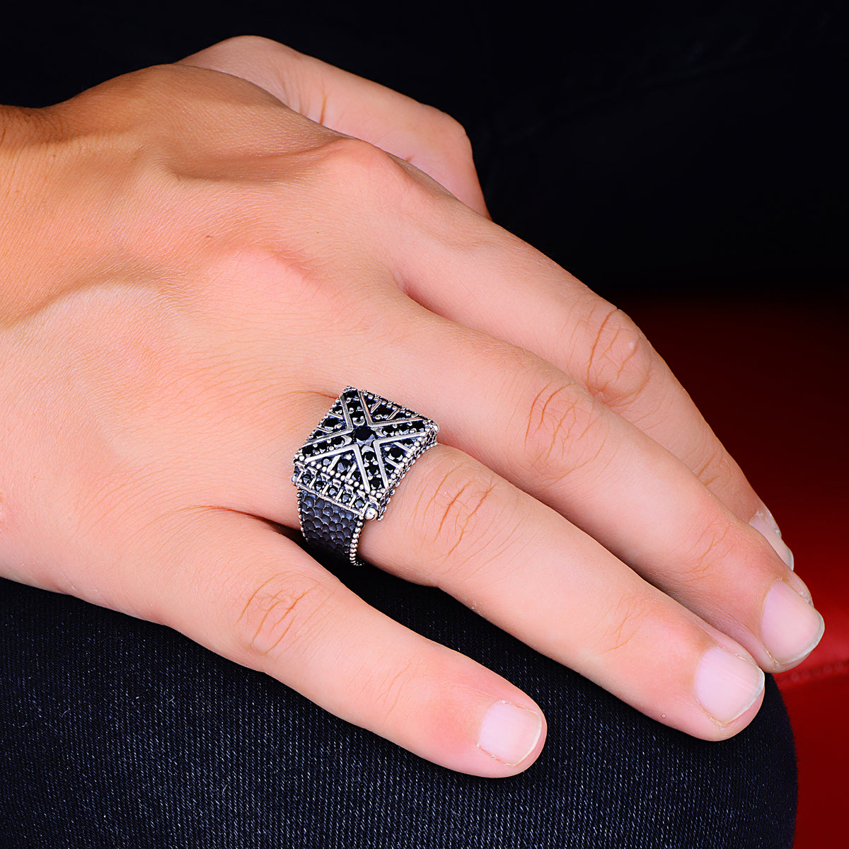 Silver Black Zircon Micro Stone Man Ring