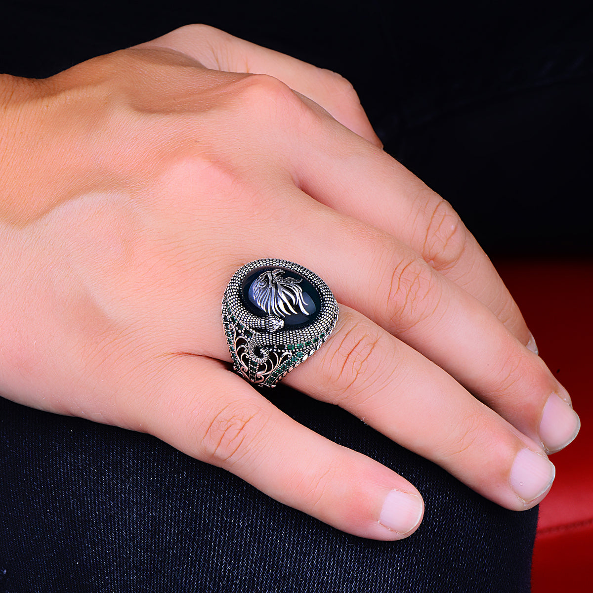 Silver Green Emerald Stone Eagle Model Ring