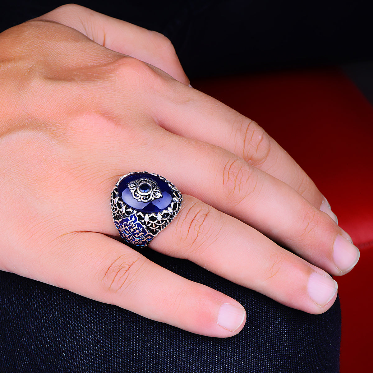 Silver Ottoman Style Sapphire Stone Handmade Ring