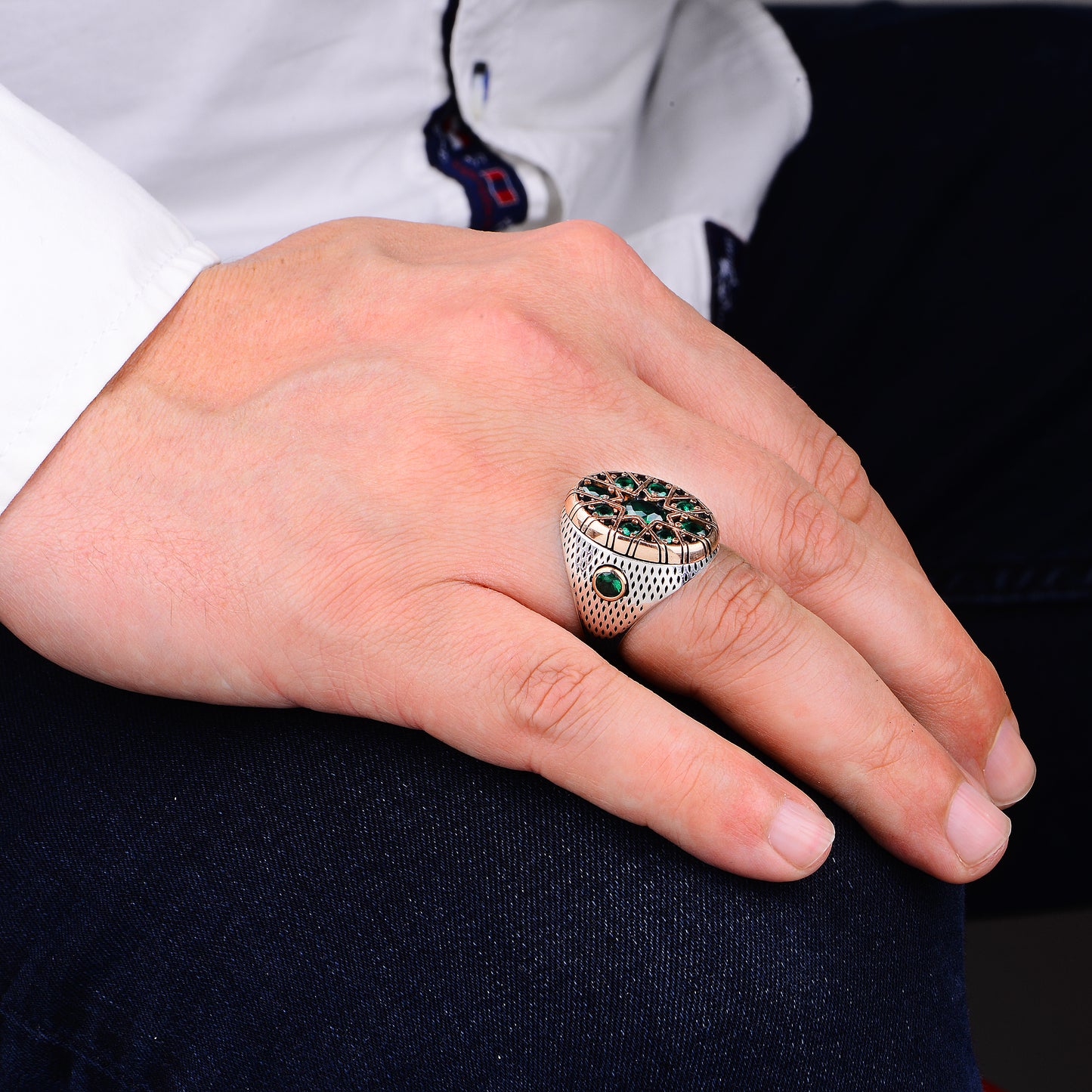 Men Handmade Ottoman Style Green Zircon Emerald Stone Ring