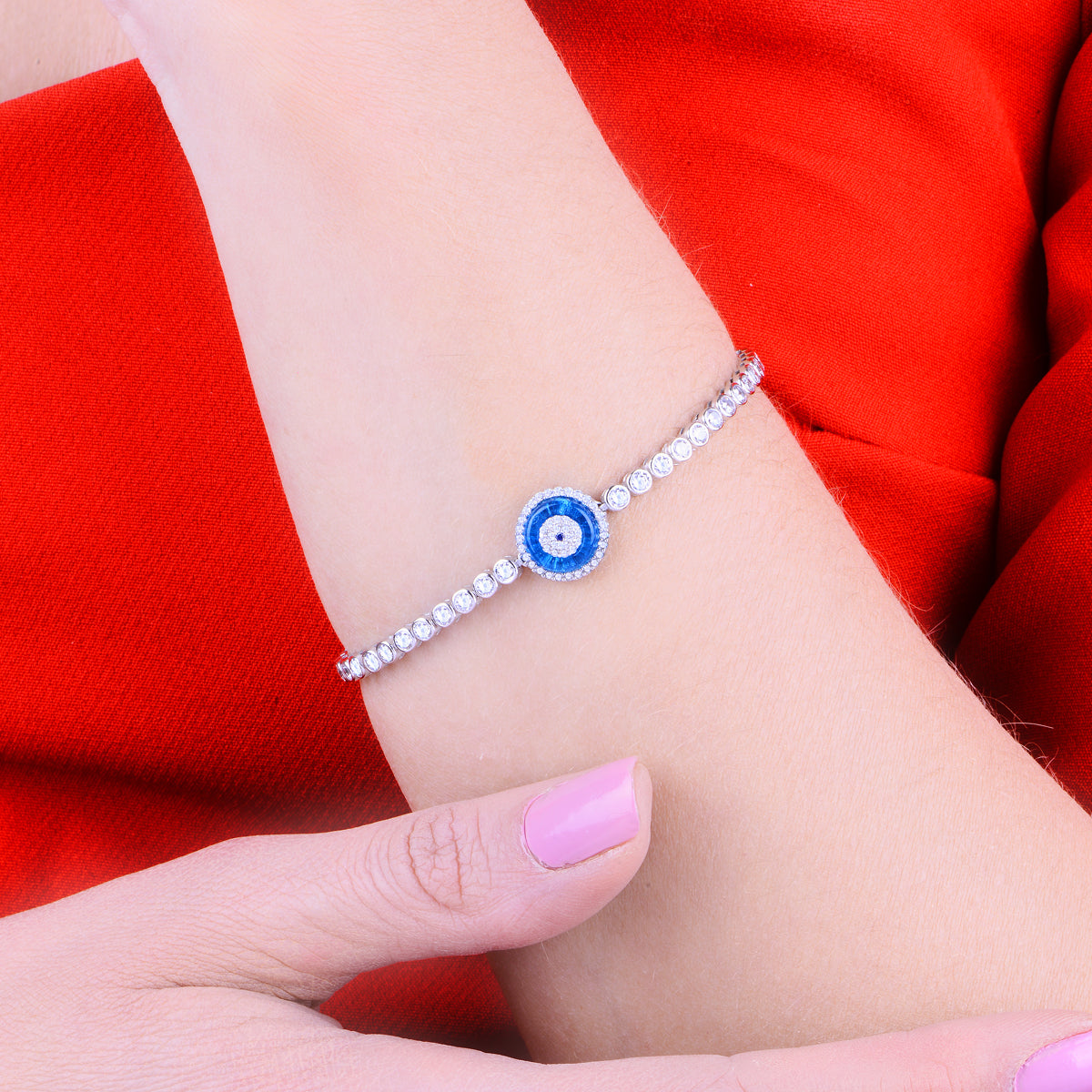 Women Silver Blue Evil Eye Tennis Protection Bracelet
