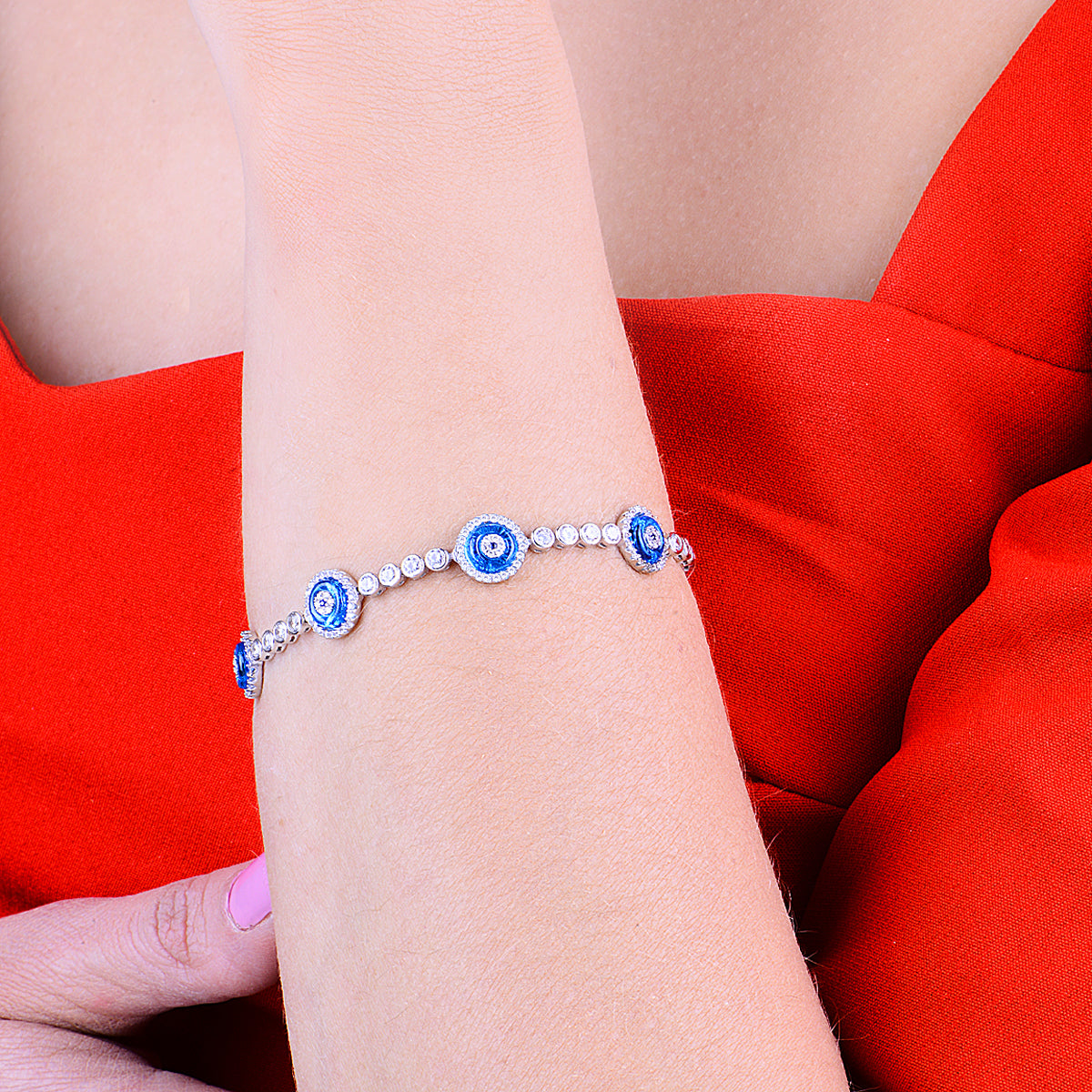 Women Silver Blue Evil Eye Tennis Bracelet