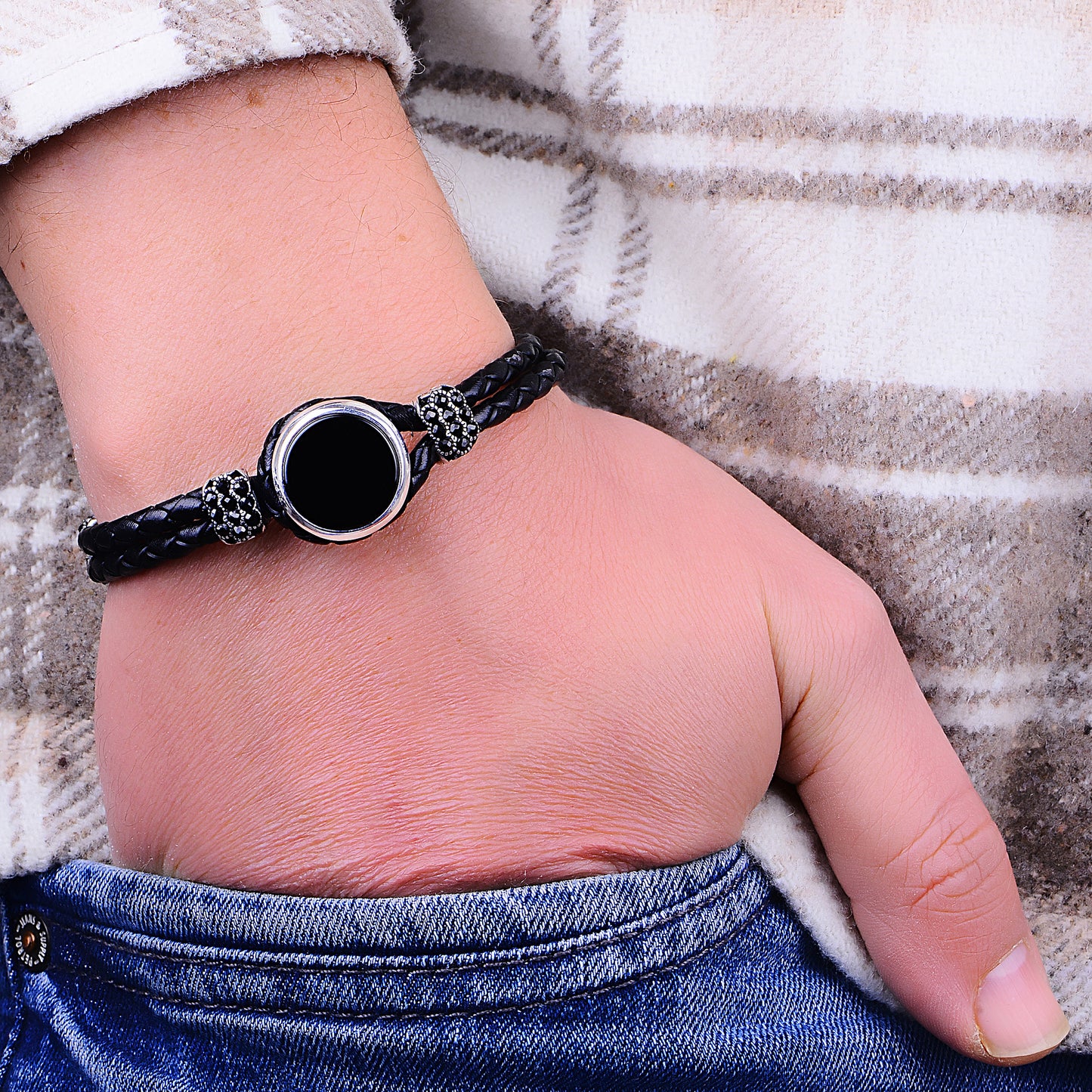 Men Onyx Stone Silver Leather Bracelet