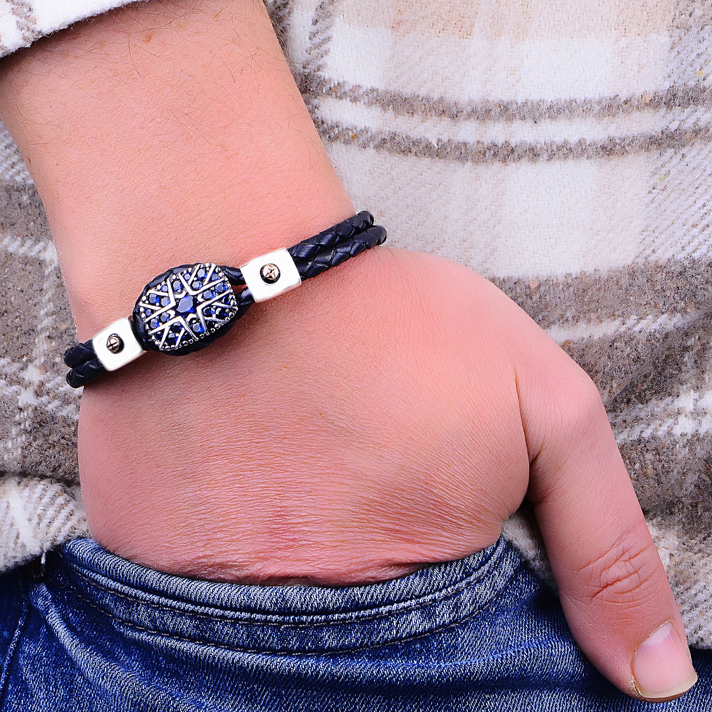 Silver Sapphire Stone Leather Bracelet