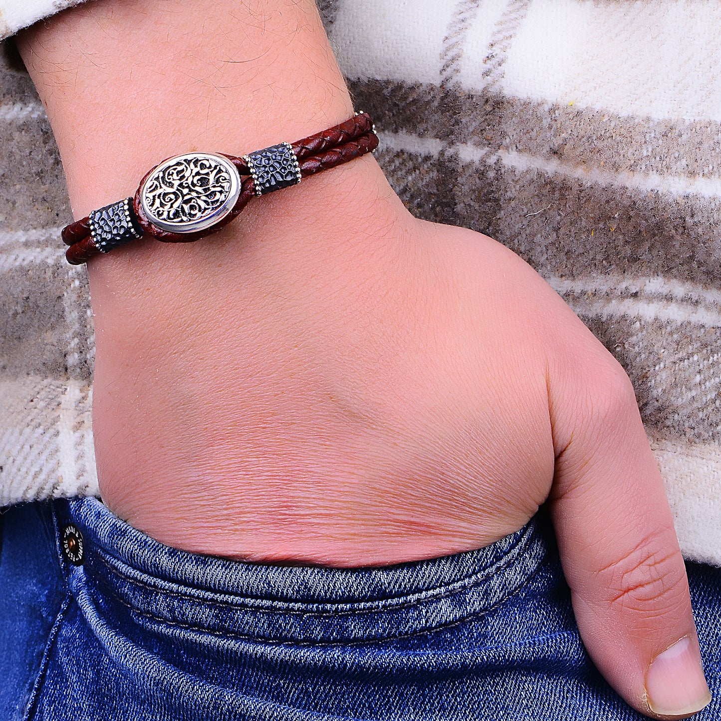 Silver Red Leather Handmade Bracelet