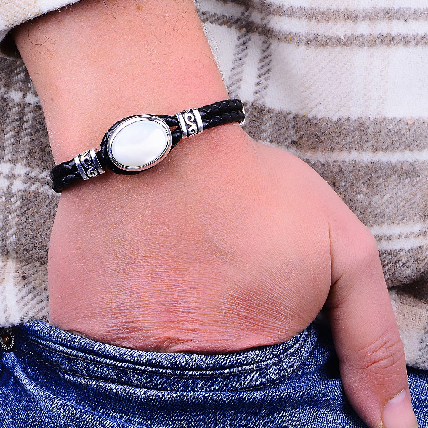 Silver Handmade Pearl Stone Leather Bracelet