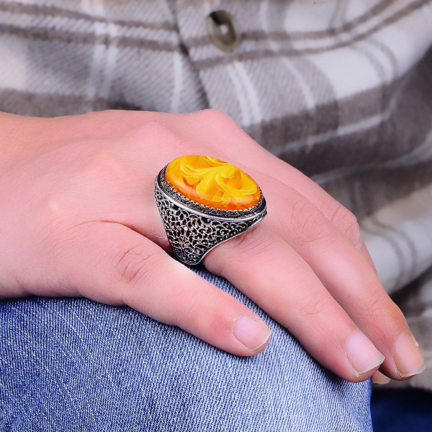Silver Large Ottoman Style Amber Stone Ring