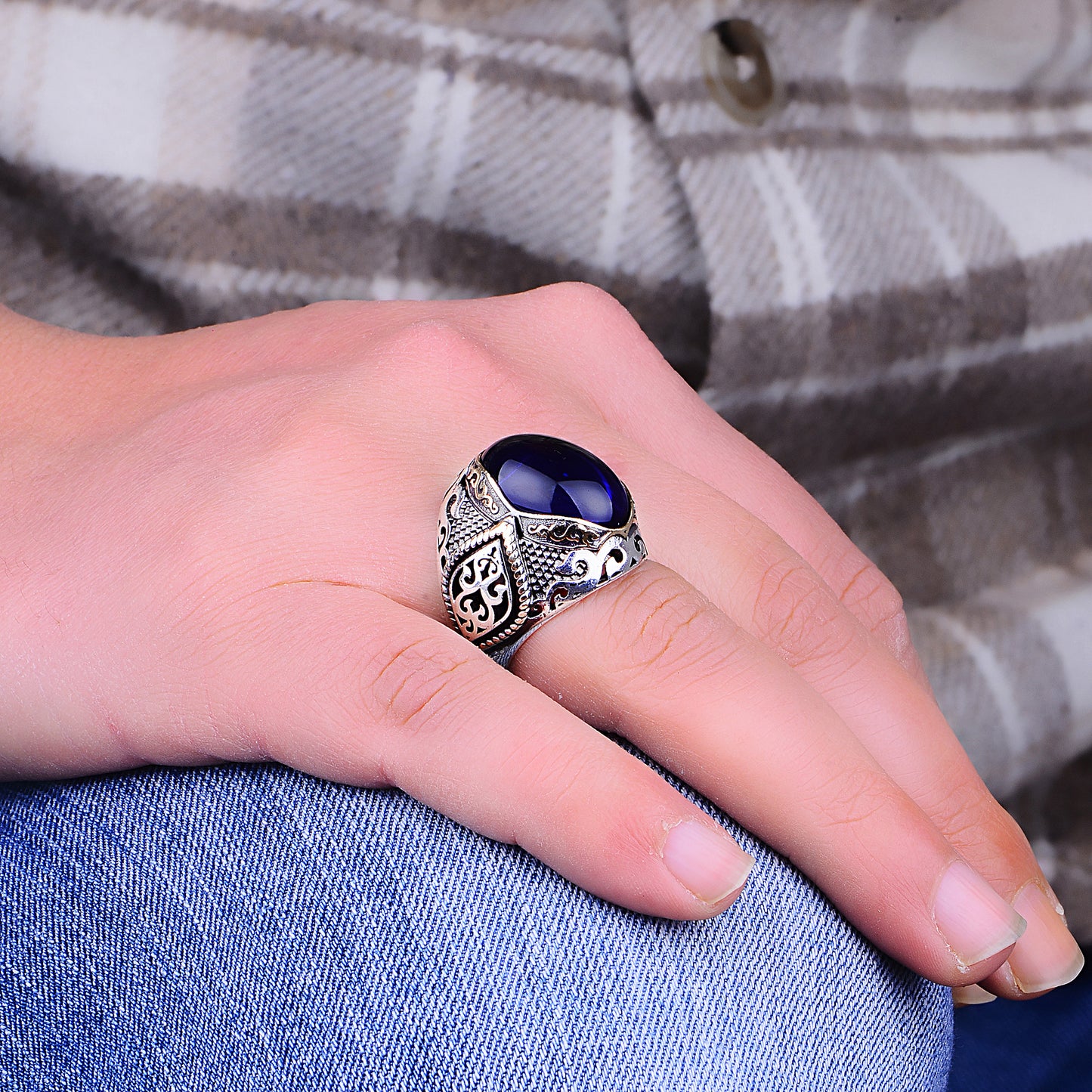 Silver Handmade Ottoman Style Sapphire Stone Ring