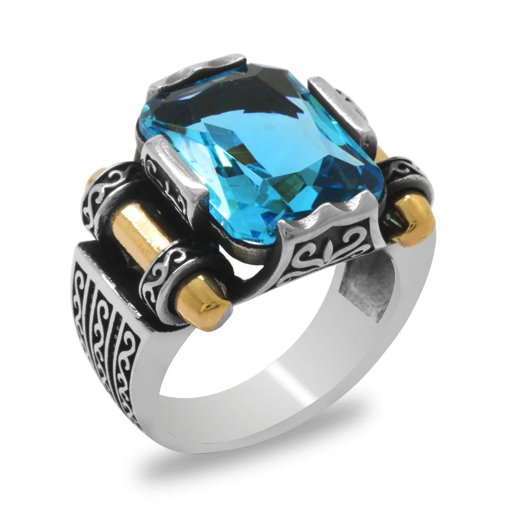 Men Silver Handmade Aquamarine Stone Ring