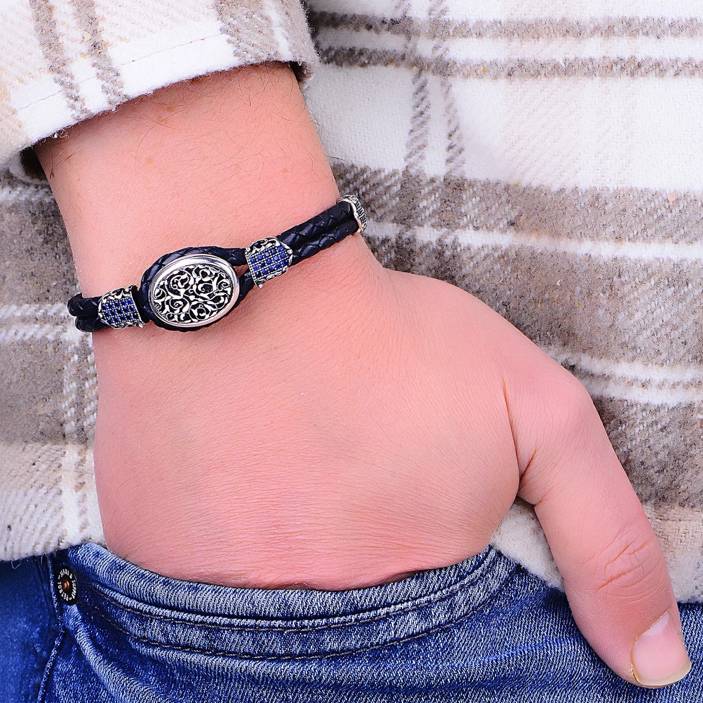 Handmade Silver Sapphire Stone Leather Bracelet