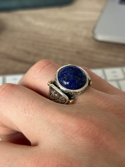 Silver Handmade Round Natural Lapis Stone Ring