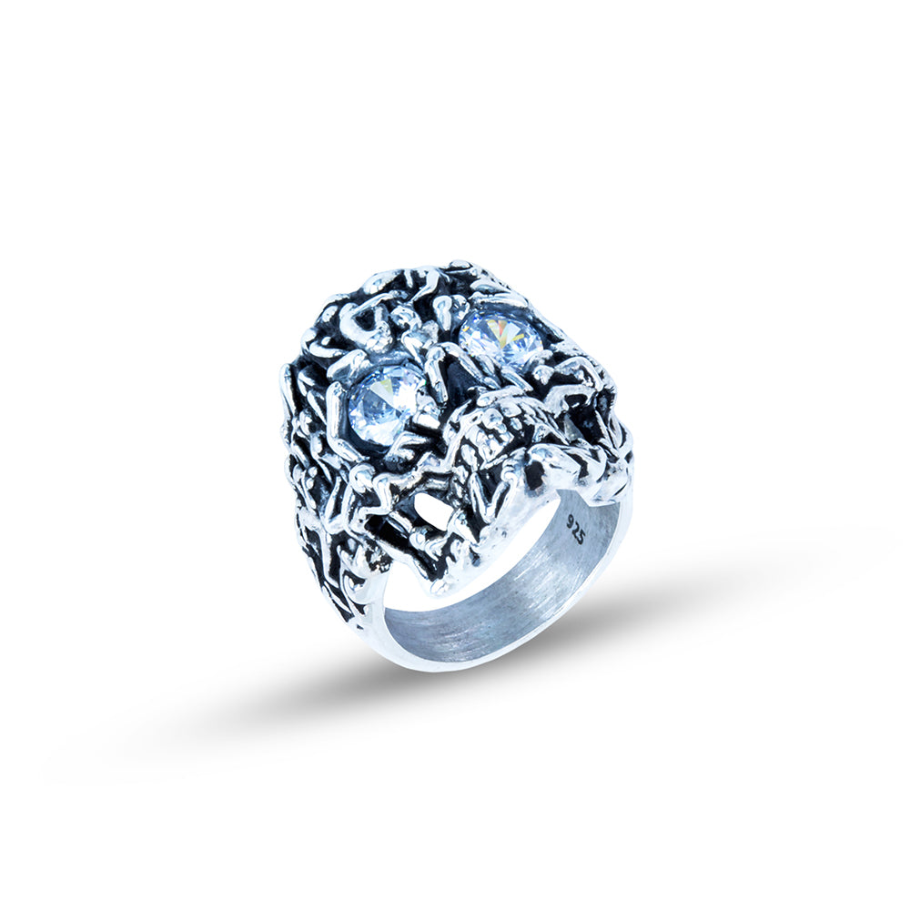 925 Silver Moissanite Eyes Biker Skull Ring
