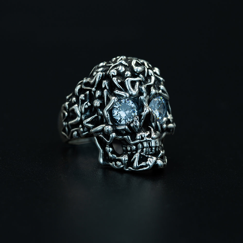 925 Silver Moissanite Eyes Biker Skull Ring