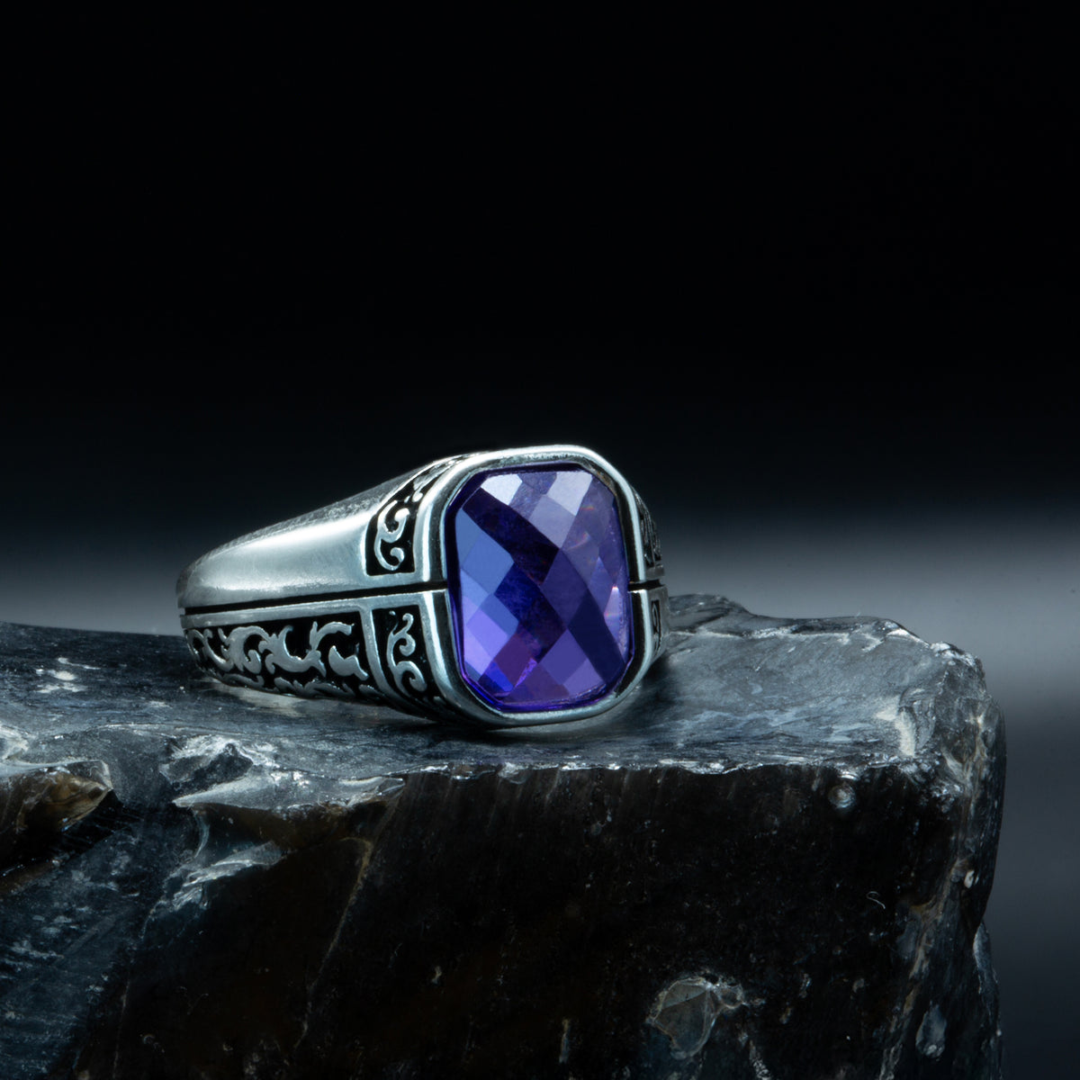 Men Sterling Silver Minimal Amethyst Ring