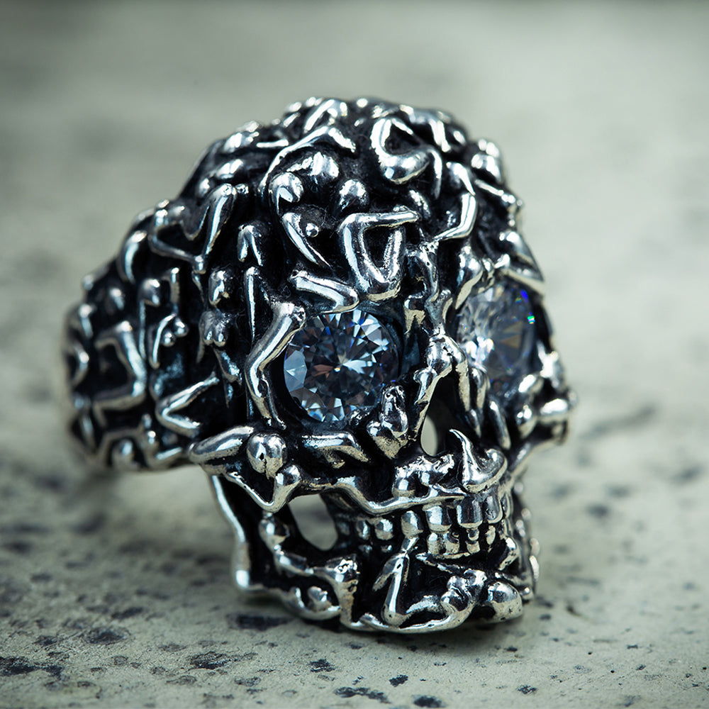 925 Silver Moissanite Eyes Biker Skull Ring
