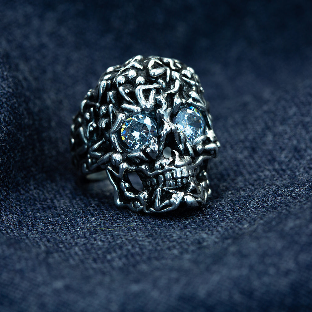 925 Silver Moissanite Eyes Biker Skull Ring