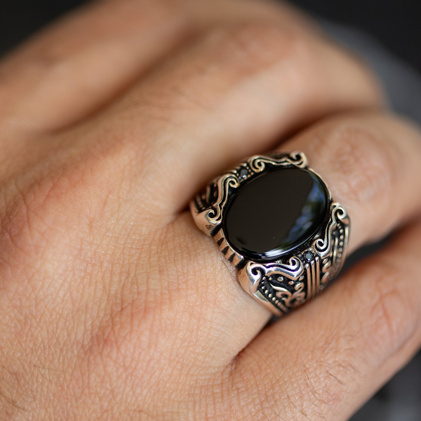 Men Silver Handmade Onyx Gemstone Signet Ring