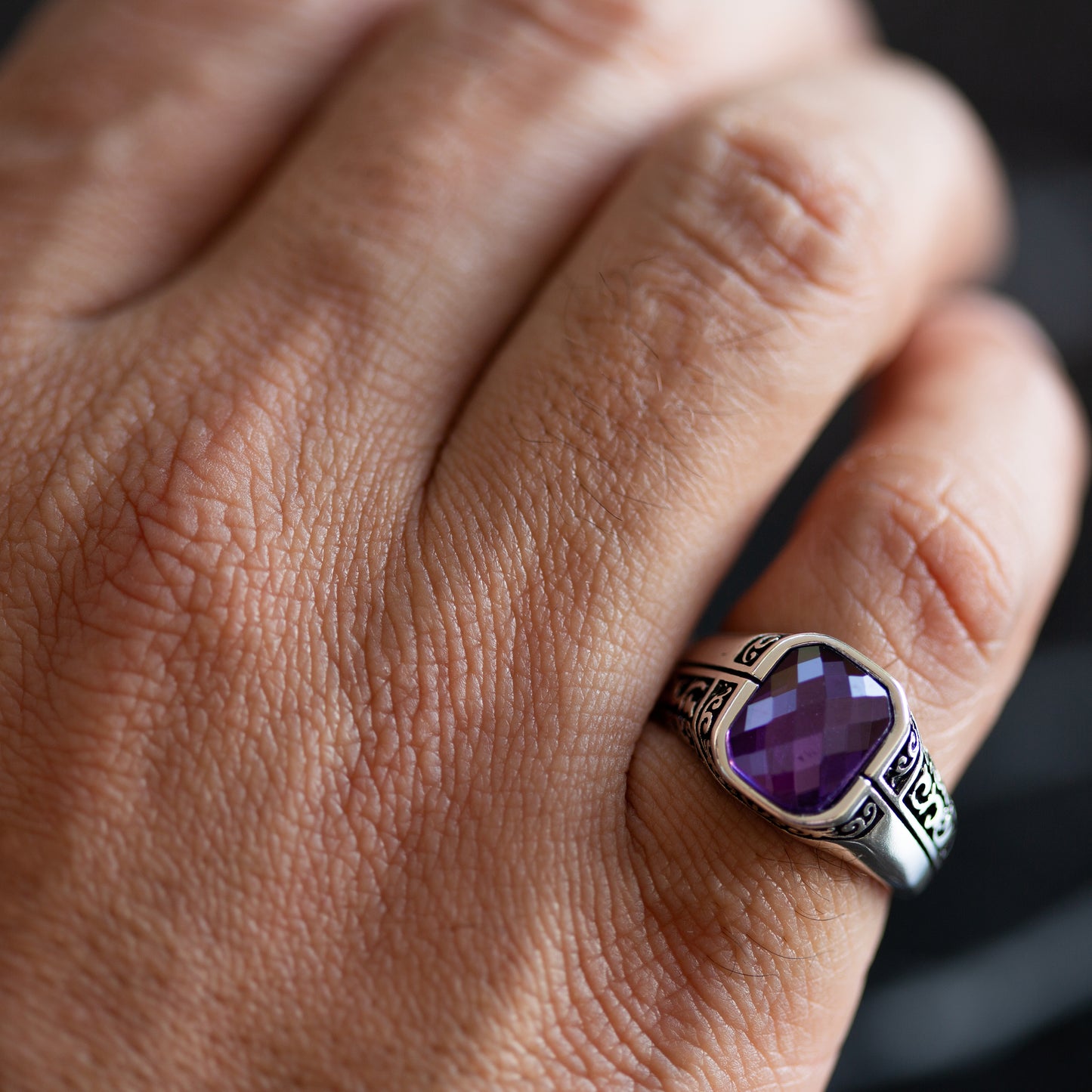 Men Sterling Silver Minimal Amethyst Ring