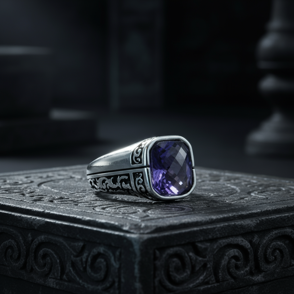 Men Sterling Silver Minimal Amethyst Ring