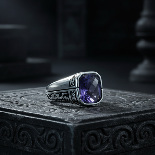 Men Sterling Silver Minimal Amethyst Ring