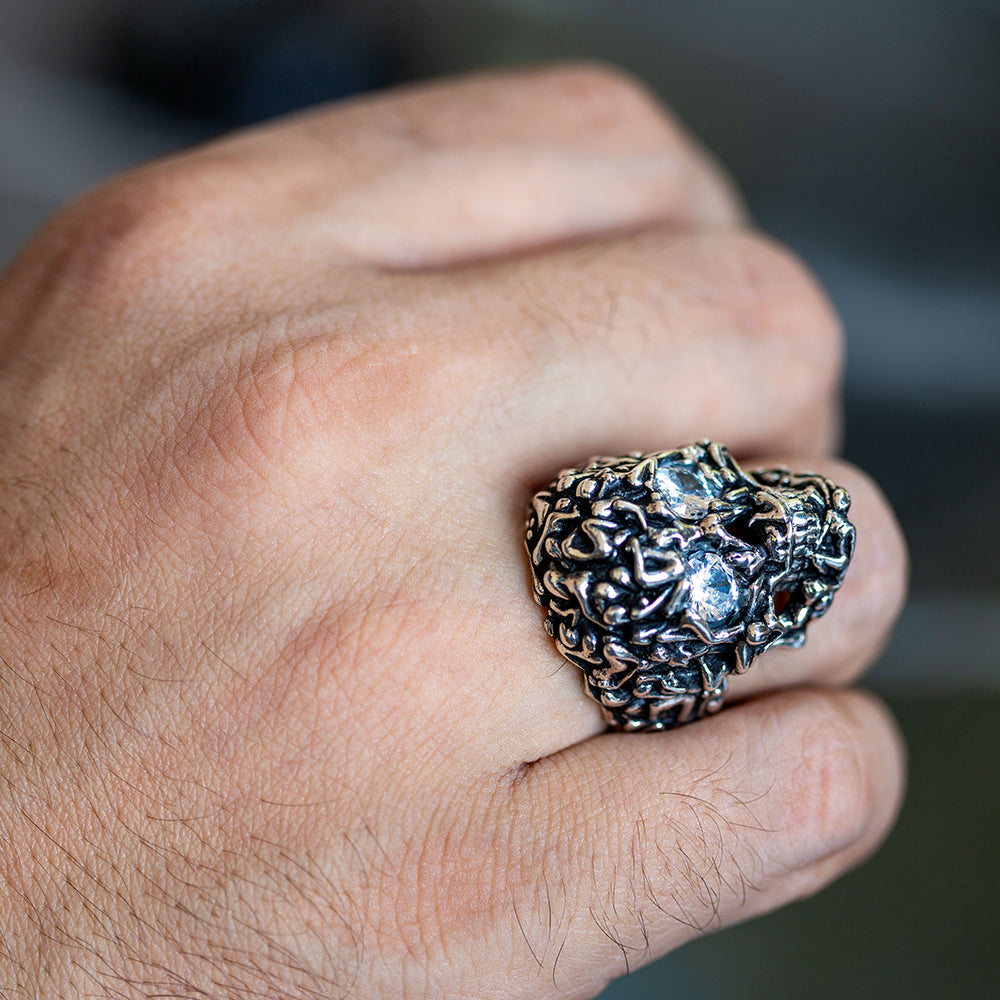 925 Silver Moissanite Eyes Biker Skull Ring