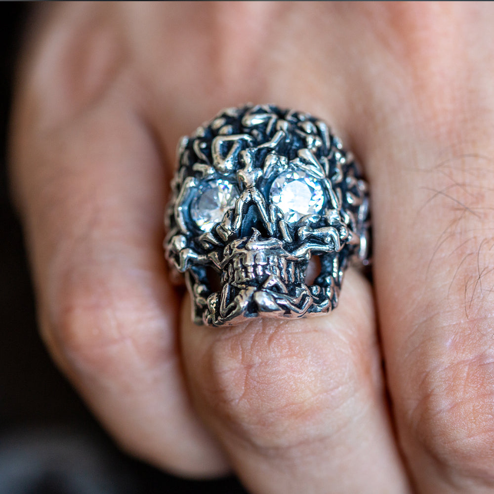 925 Silver Moissanite Eyes Biker Skull Ring