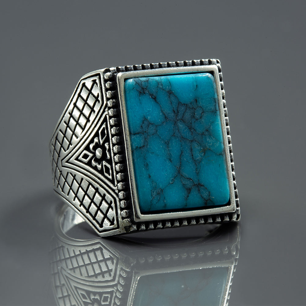 925 Sterling Silver Square Turquoise Gemstone Ring